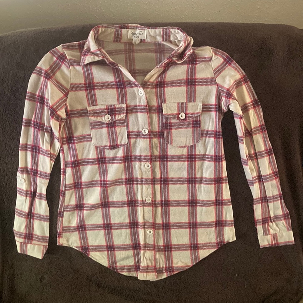 Paper+Tee cream, blue and red flannel girls size 8